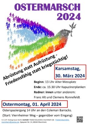 Ostermarsch 2024: Abrüstung statt Aufrüstung - Friedensfähig statt kriegstüchtig! @ Alter Messplatz MA-Neckarstadt | Mannheim | Baden-Württemberg | Deutschland
